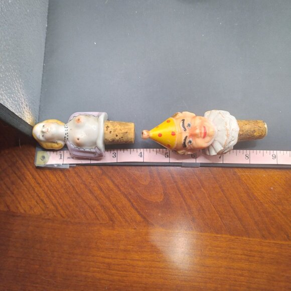 Vintage Naked Lady Porcelain & Celluloid Clown Bottle Stoppers & Bottle - Picture 12 of 14
